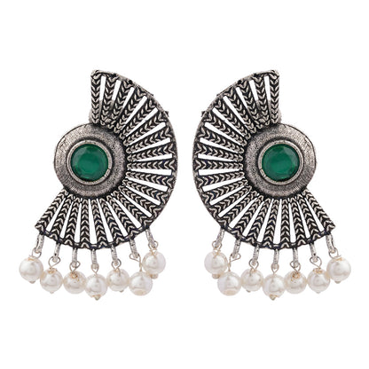 Royal Triple Bell Layered Jhumka Earring (Dark Maroon) Bloom Arc pearl stud earring (Green) Combo set