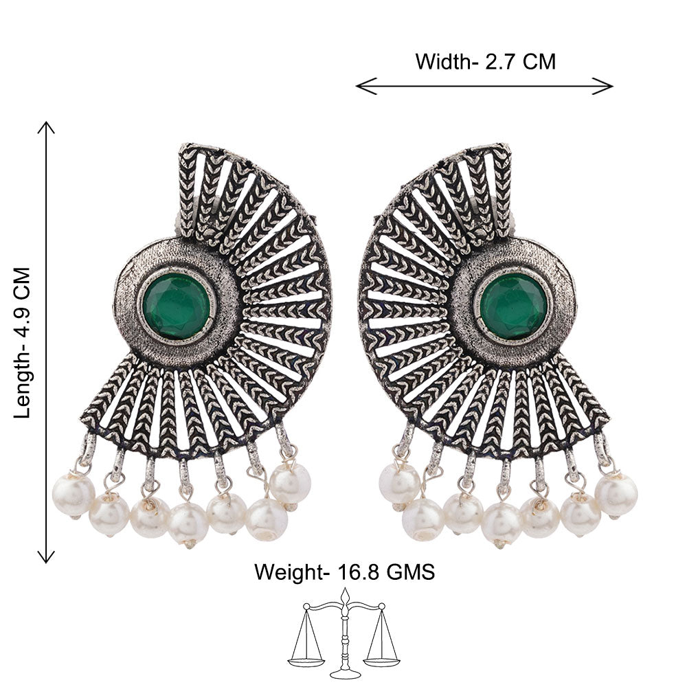 Royal Triple Bell Layered Jhumka Earring (Black) Bloom Arc pearl stud earring (Green) Combo set
