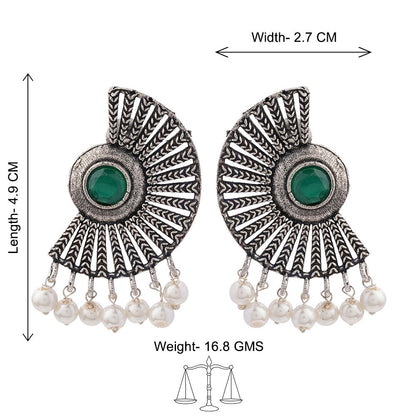 Royal Triple Bell Layered Jhumka Earring (Black) Bloom Arc pearl stud earring (Green) Combo set