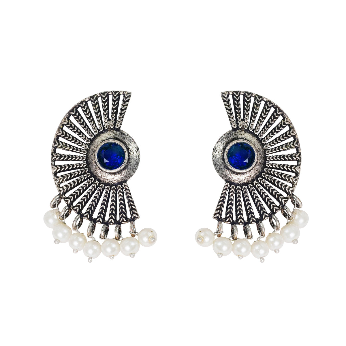 Leaf Cascade jhumki earrings (Red) Bloom Arc pearl stud earring (Blue) Combo set