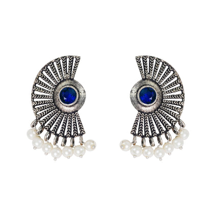 Royal Triple Bell Layered Jhumka Earring (Dark Maroon) Bloom Arc pearl stud earring (Blue) Combo set