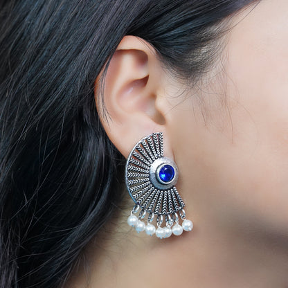 Royal Triple Bell Layered Jhumka Earring (Dark Maroon) Bloom Arc pearl stud earring (Blue) Combo set