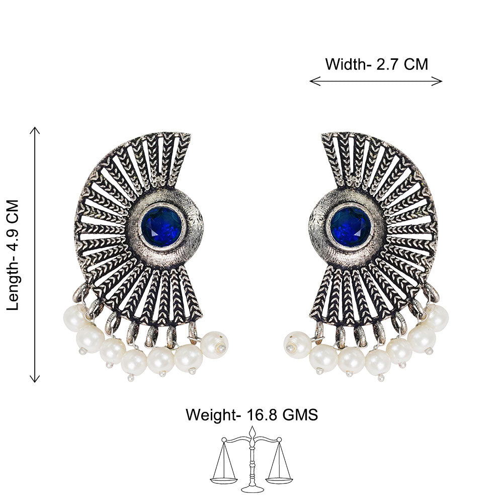 Royal Triple Bell Layered Jhumka Earring (Dark Maroon) Bloom Arc pearl stud earring (Blue) Combo set