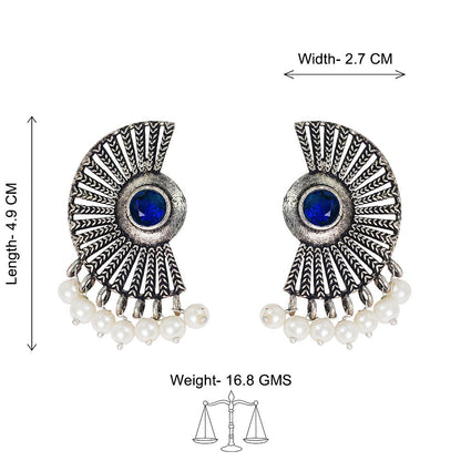 Royal Triple Bell Layered Jhumka Earring (Dark Maroon) Bloom Arc pearl stud earring (Blue) Combo set
