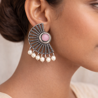 Wonderful wildflower oxidised stud earrings (Black)&Bloom Arc pearl stud earring (Baby Pink) Combo set