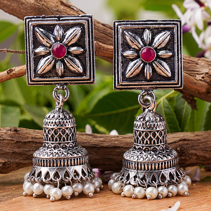 Petal Frame hanging Jhumki Earrings (Dark Red)