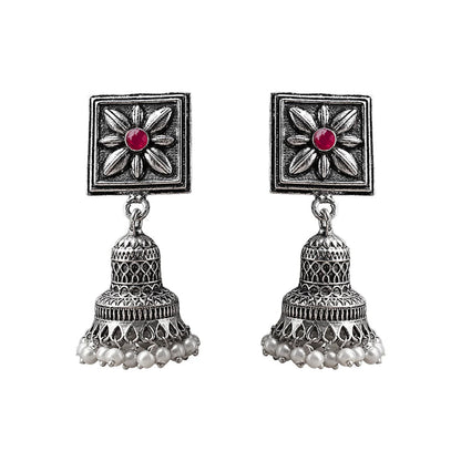 Petal Frame hanging Jhumki Earrings (Dark Red)