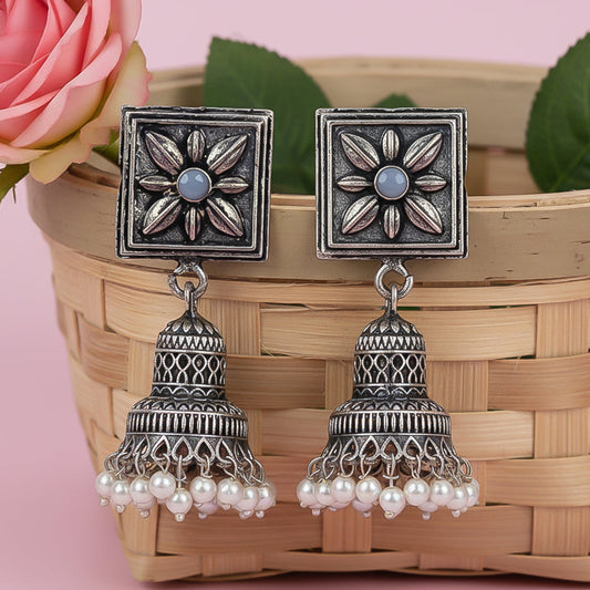 Petal Frame hanging Jhumki Earrings (Grey)