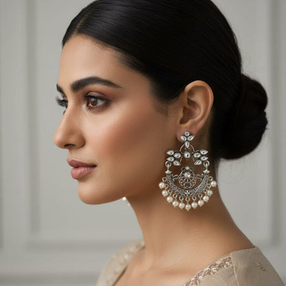 Carved Charm Dangler earrings (White) flower-alpana stud earrings (White) Combo set
