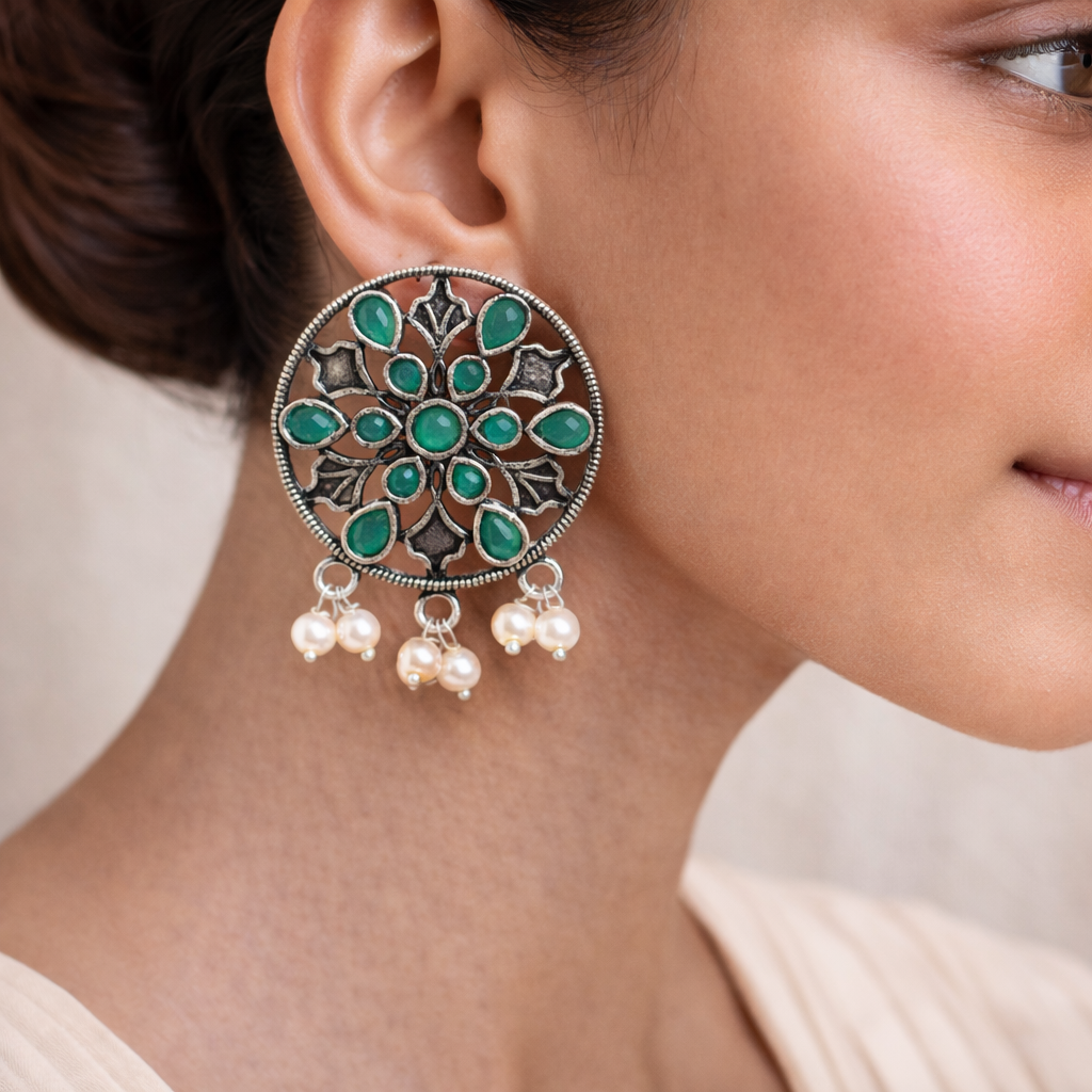 Royal Triple Bell Layered Jhumka Earring (Black) Glass drops Dangler Earrings (Green) Combo set