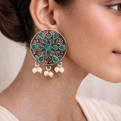 Royal Triple Bell Layered Jhumka Earring (Black) Glass drops Dangler Earrings (Green) Combo set
