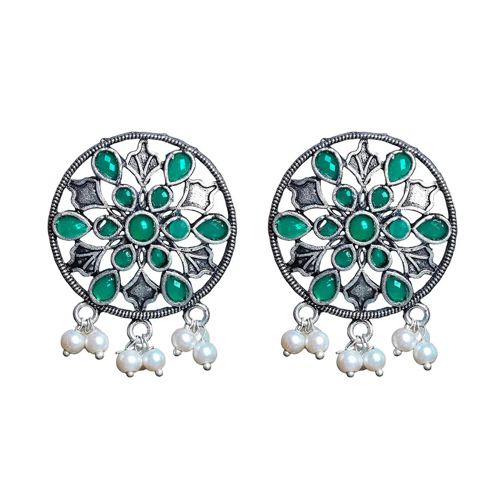 Royal Triple Bell Layered Jhumka Earring (Black) Glass drops Dangler Earrings (Green) Combo set