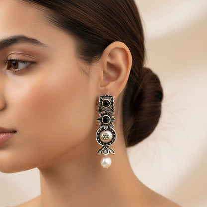 Wonderful wildflower oxidised stud earrings (Black)&Precious Petal stone studded dangler earring (Blue) Combo set