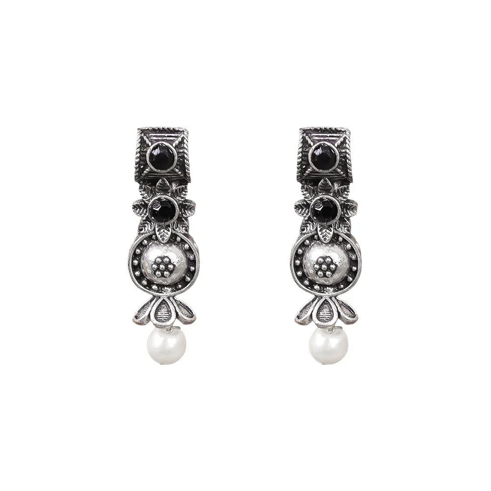 Peacock glow stone studded dangler earrings (White) Wonderful wildflower oxidised stud earrings (Black) Combo set