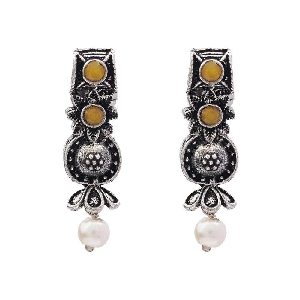 Peacock glow stone studded dangler earrings (White) Wonderful wildflower oxidised stud earrings (Yellow) Combo set