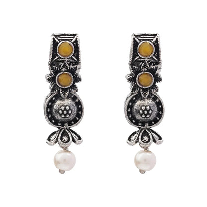 Peacock glow stone studded dangler earrings (White) Wonderful wildflower oxidised stud earrings (Yellow) Combo set