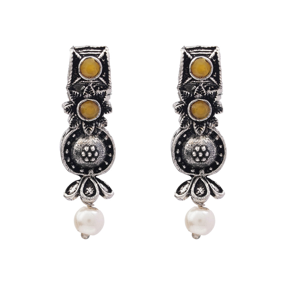 Royal Triple Bell Layered Jhumka Earring (Dark Maroon) Wonderful wildflower oxidised stud earrings (Yellow) Combo set