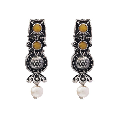 Royal Triple Bell Layered Jhumka Earring (Dark Maroon) Wonderful wildflower oxidised stud earrings (Yellow) Combo set