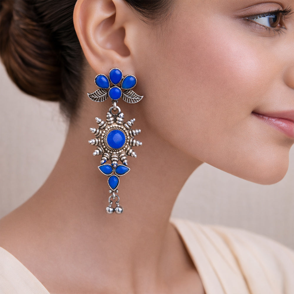 Royal Triple Bell Layered Jhumka Earring (Black) FloraSun dangler earrings (Blue) Combo set