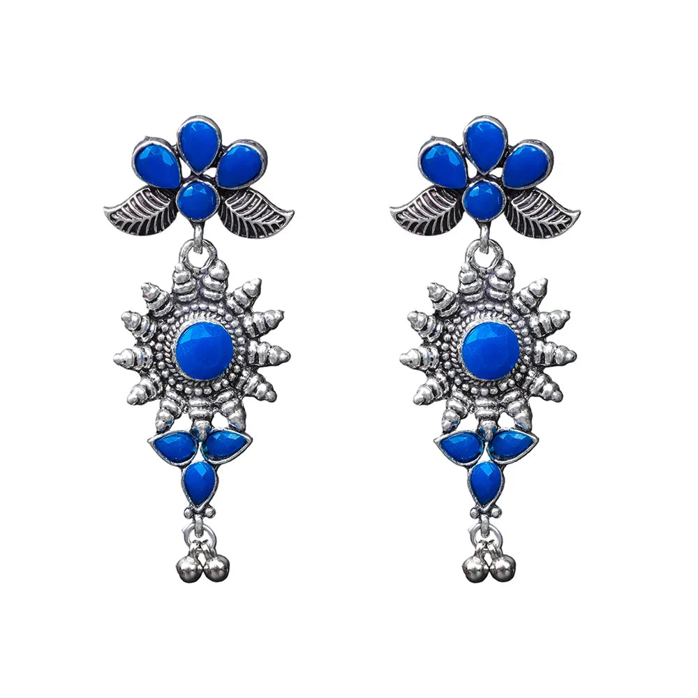 Royal Triple Bell Layered Jhumka Earring (Black) FloraSun dangler earrings (Blue) Combo set