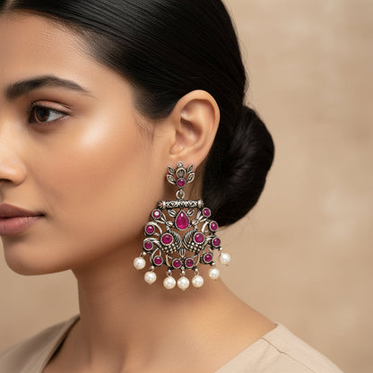 Royal Triple Bell Layered Jhumka Earring (Dark Maroon) Peacock glow stone studded dangler earrings (Red) Combo set