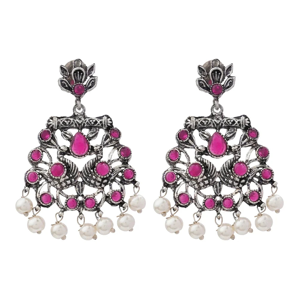 Peacock glow stone studded dangler earrings (Red) Dazzle Dash Jhumki earring (Black) Combo set