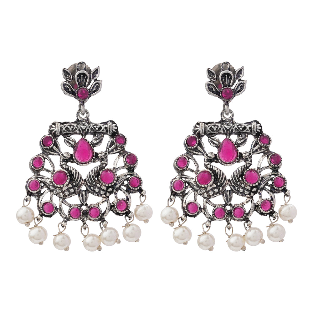 Royal Triple Bell Layered Jhumka Earring (Dark Maroon) Peacock glow stone studded dangler earrings (Red) Combo set