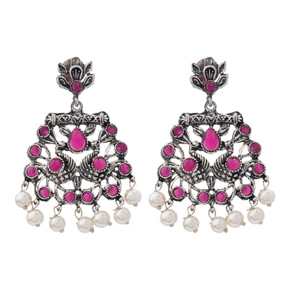 Royal Triple Bell Layered Jhumka Earring (Dark Maroon) Peacock glow stone studded dangler earrings (Red) Combo set