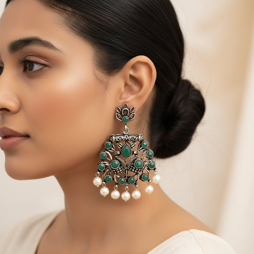 Peacock glow stone studded dangler earrings & Meena Manjari stone stud earrings Combo set