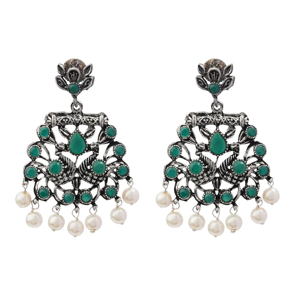 Dazzle Dash Jhumki earring (Blue) Peacock glow stone studded dangler earrings (Green) Combo set