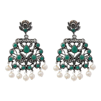 Peacock glow stone studded dangler earrings (Green) Dazzle Dash Jhumki earring (Baby Pink) Combo set