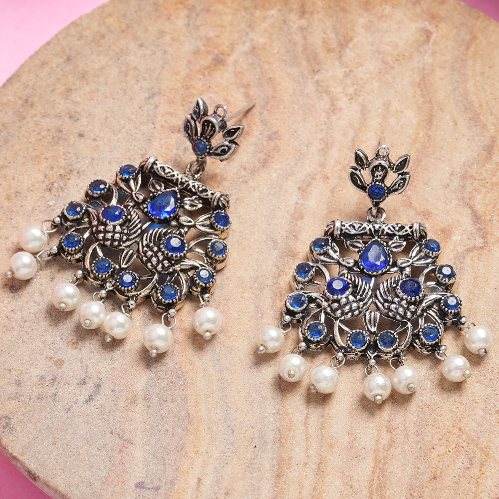 Peacock glow stone studded dangler earrings (Blue)