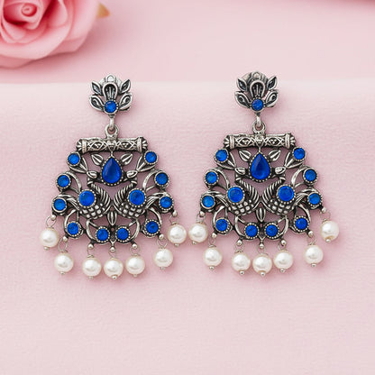 Peacock glow stone studded dangler earrings (Blue)