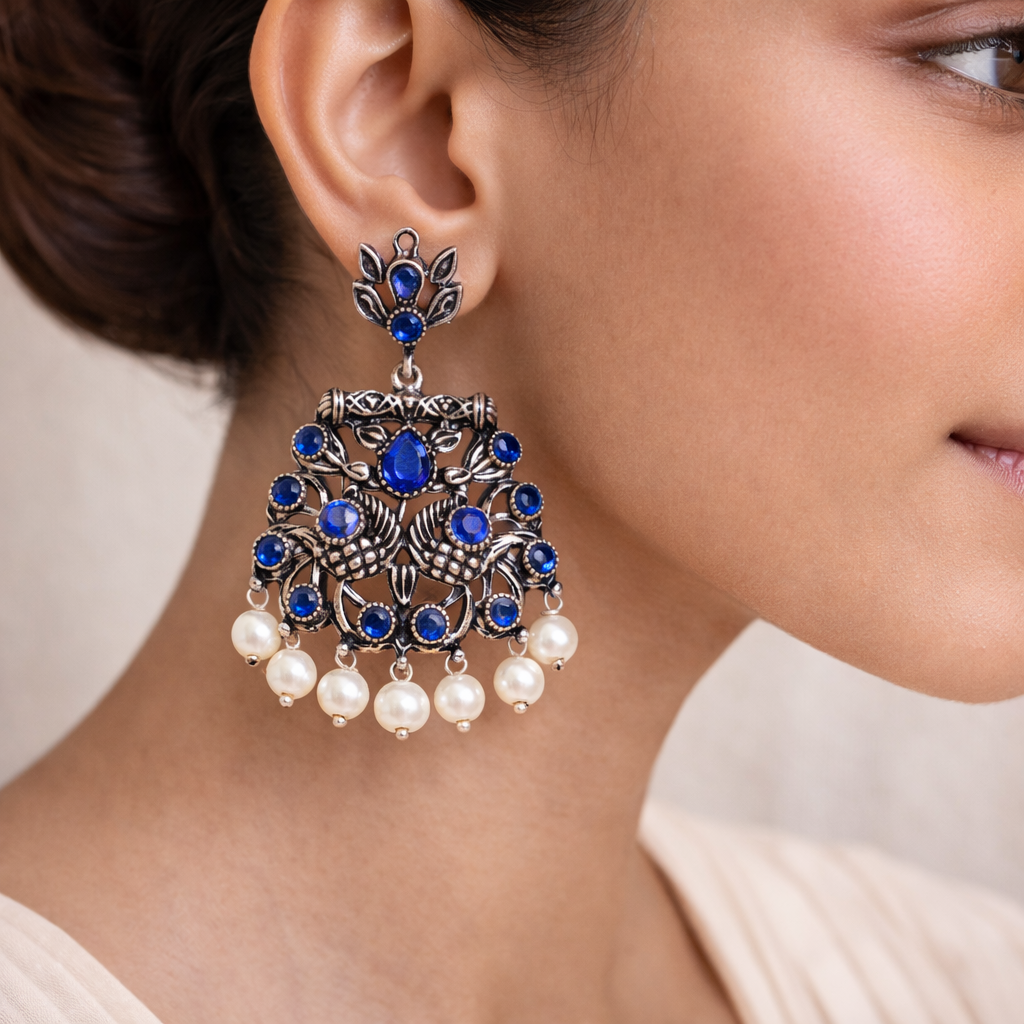 Peacock glow stone studded dangler earrings (Blue)&Meena Manjari stone stud earrings (Silver) Combo set