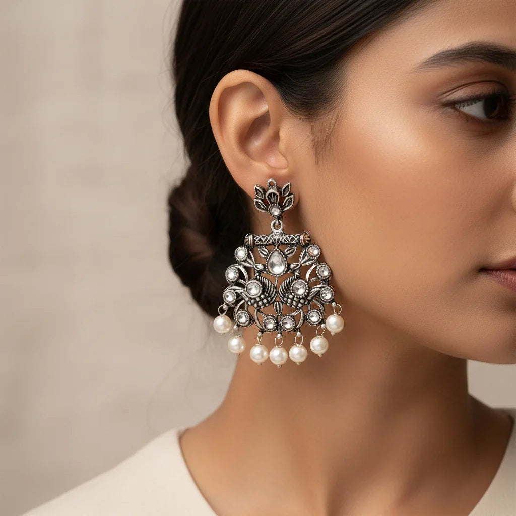 Peacock glow stone studded dangler & Wildflower oxidised stud Combo set