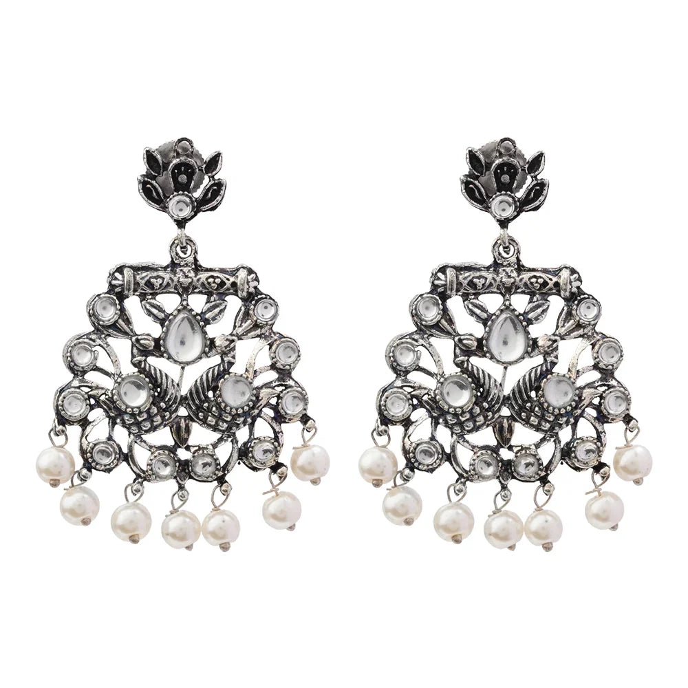Dazzle Dash Jhumki earring (Sky Blue) Peacock glow stone studded dangler earrings (White) Combo set
