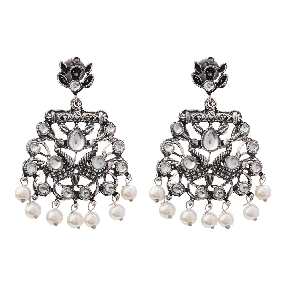 Royal Triple Bell Layered Jhumka Earring (Dark Maroon) Peacock glow stone studded dangler earrings (White) Combo set