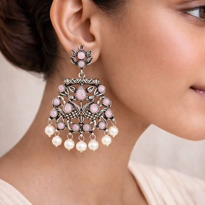 Peacock glow stone studded dangler earrings (Baby Pink)&Meena Manjari stone stud earrings (Silver) Combo set
