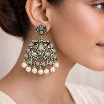 Peacock glow stone studded dangler earrings (Pista)&Meena Manjari stone stud earrings (Silver) Combo set