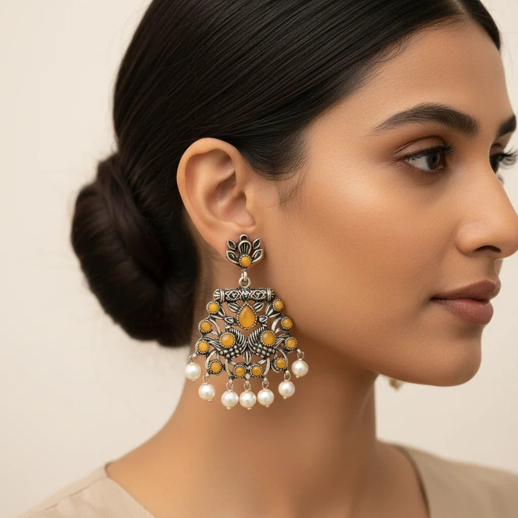 Peacock glow stone studded dangler earrings (Yellow) Dazzle Dash Jhumki earring (White) Combo set