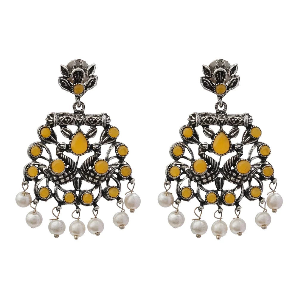 Peacock glow stone studded dangler earrings (Yellow) Dazzle Dash Jhumki earring (Sky Blue) Combo set