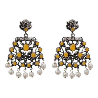 Peacock glow stone studded dangler earrings (Yellow) Dazzle Dash Jhumki earring (Sky Blue) Combo set