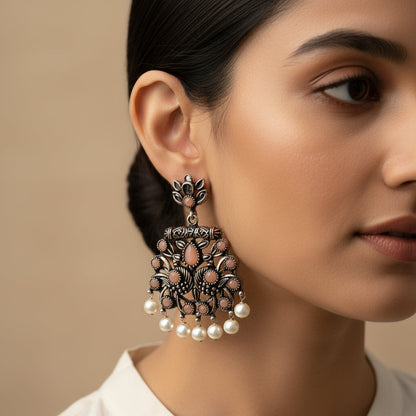 Peacock glow stone studded dangler earrings (Light Orange)&Meena Manjari stone stud earrings (Silver) Combo set