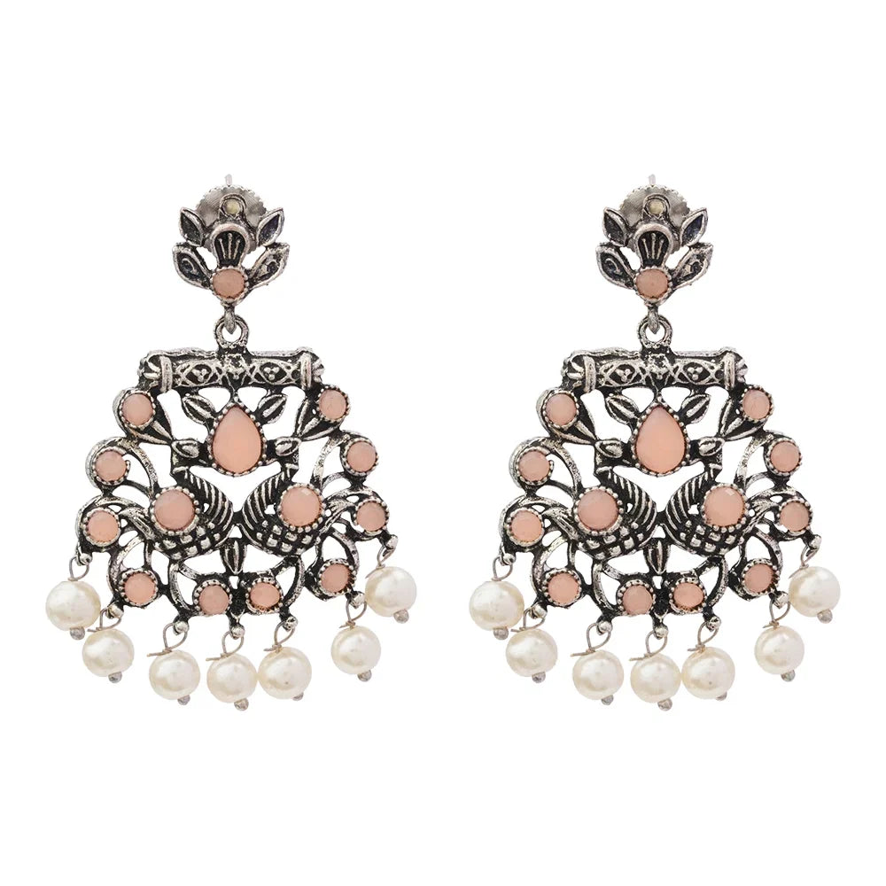 Peacock glow stone studded dangler earrings (Light Orange) Dazzle Dash Jhumki earring (White) Combo set