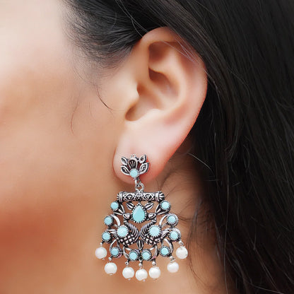 Kalash Kamal earring  Peacock glow stone studded dangler earrings (Mint) Combo