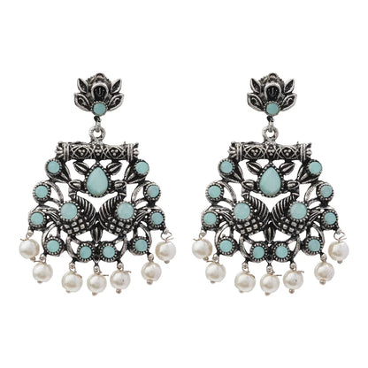 Carved Charm Dangler earrings (White) Peacock glow stone studded dangler earrings (Mint) Combo set