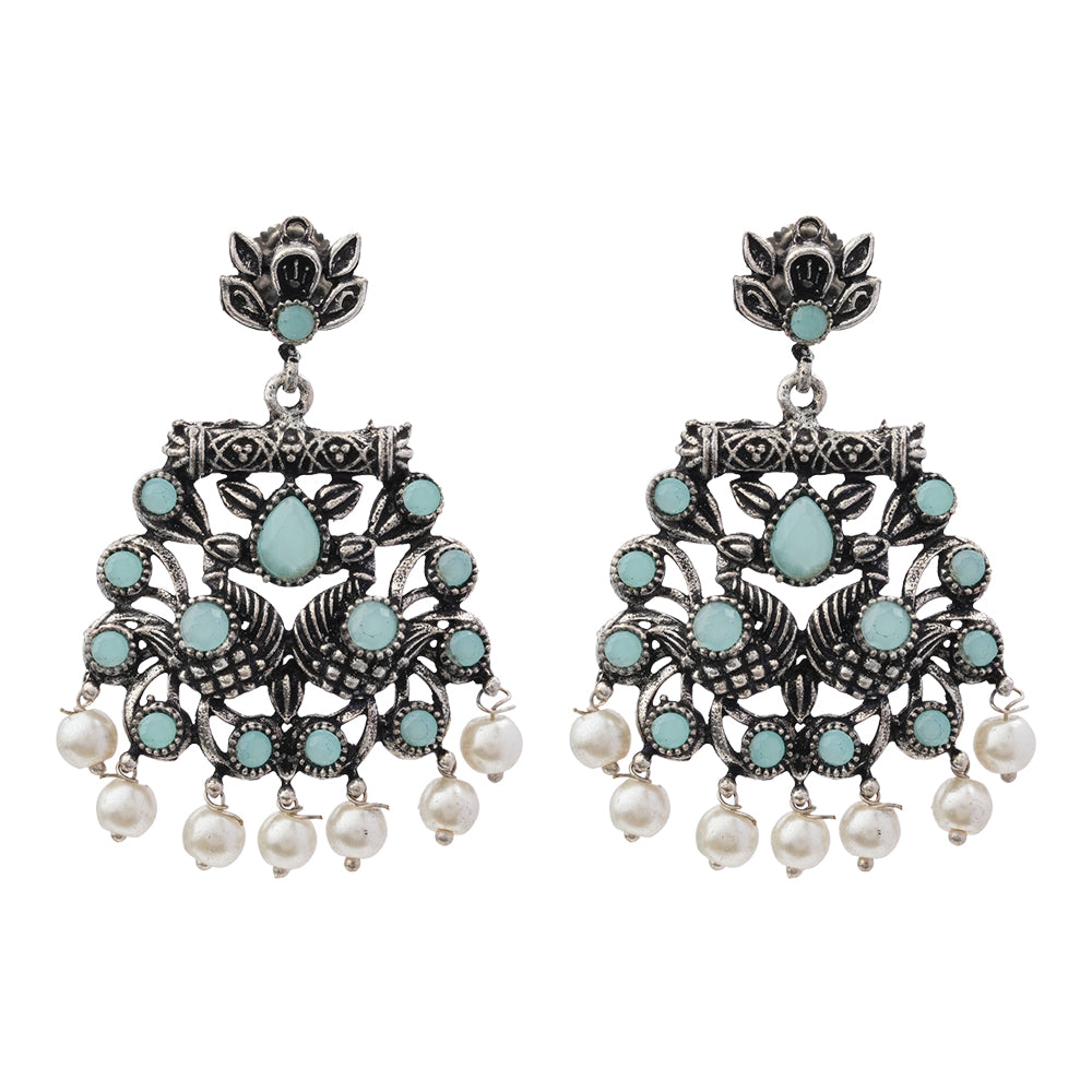 Royal Triple Bell Layered Jhumka Earring (Dark Maroon) Peacock glow stone studded dangler earrings (Mint) Combo set
