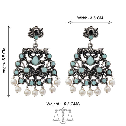 Carved Charm Dangler earrings (White) Peacock glow stone studded dangler earrings (Mint) Combo set