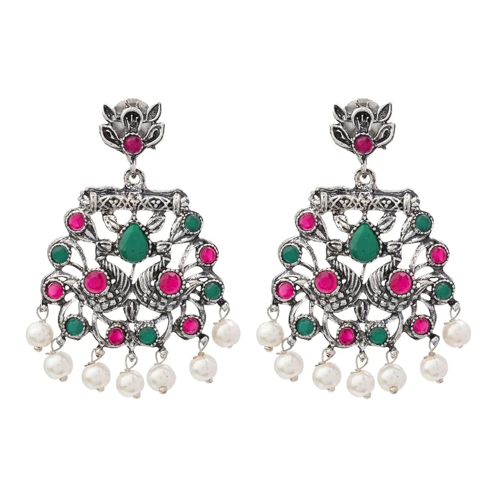 Peacock glow stone studded dangler earrings (Multicolored) Dazzle Dash Jhumki earring (Black) Combo set