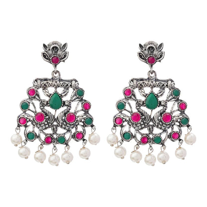 Royal Triple Bell Layered Jhumka Earring (Dark Maroon) Peacock glow stone studded dangler earrings (Multicolored) Combo set